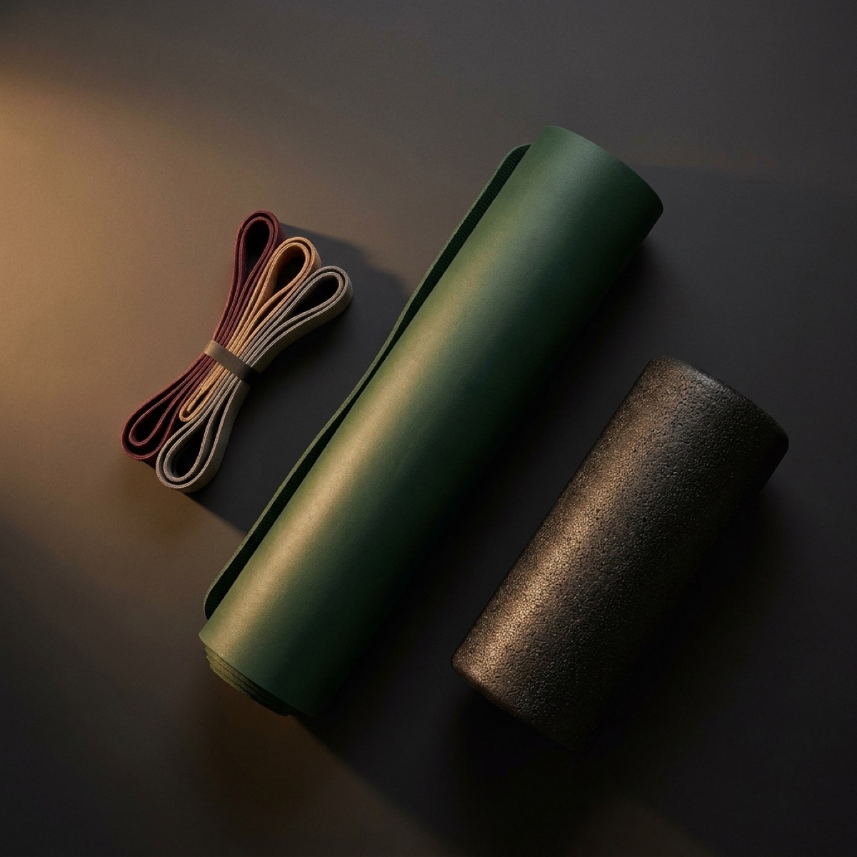 Yoga mat, resistance bands and foam roller flatlay
