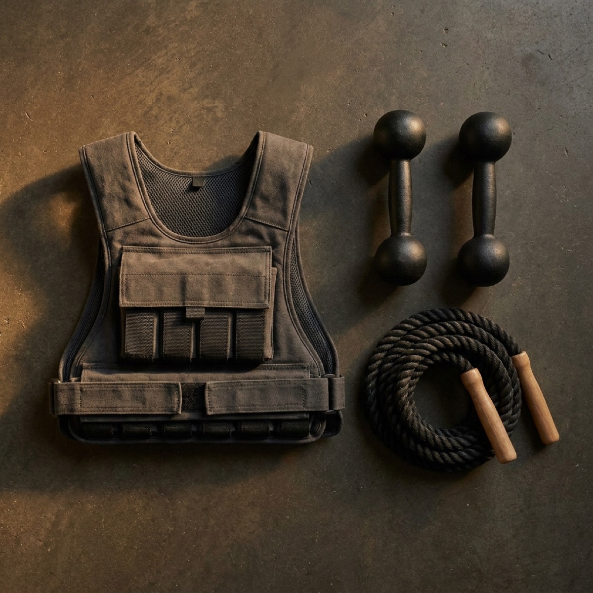 Weighted vest, dumbbells and jump rope flatlay