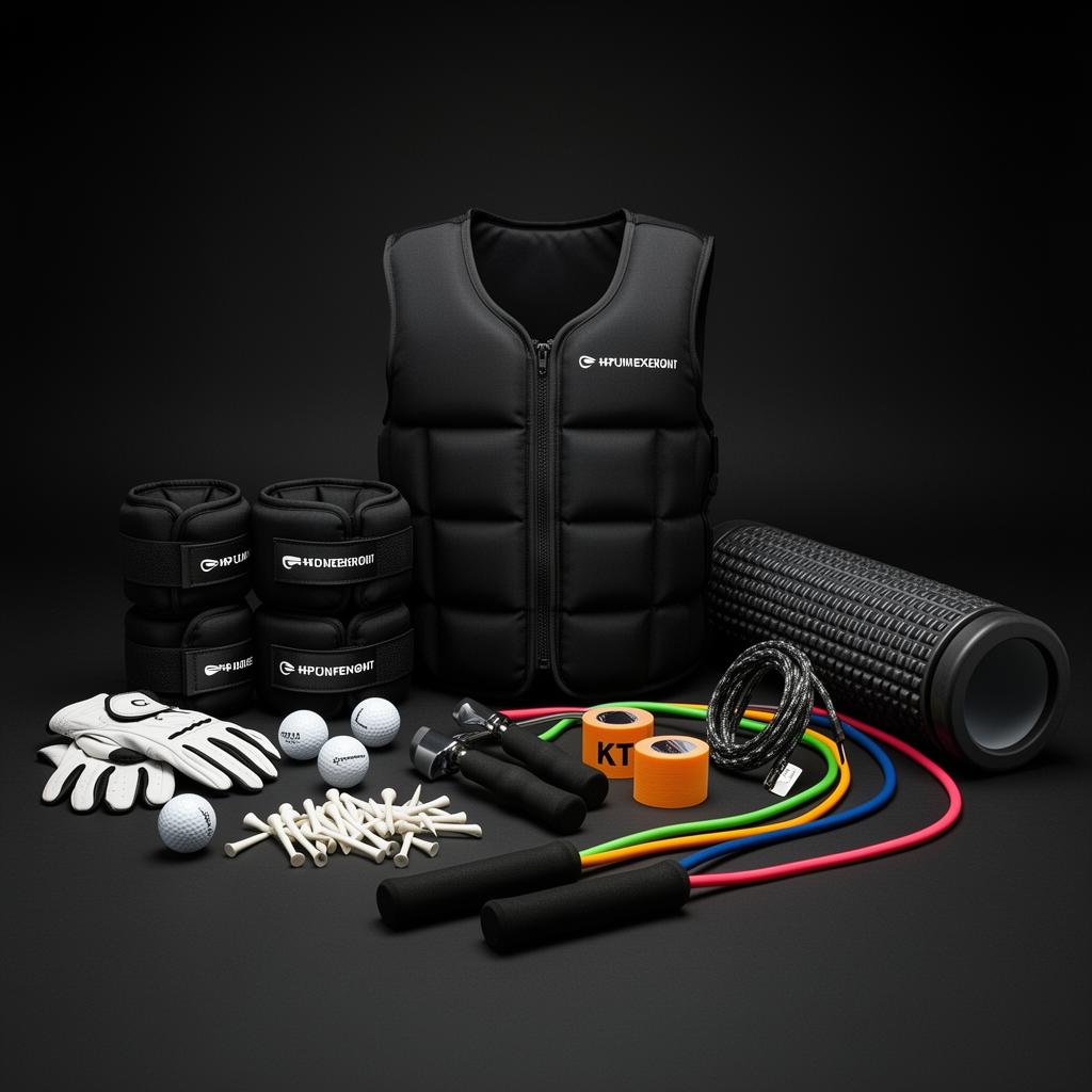 Weighted vest, ankle weights, resistance bands, foam roller and golf gear