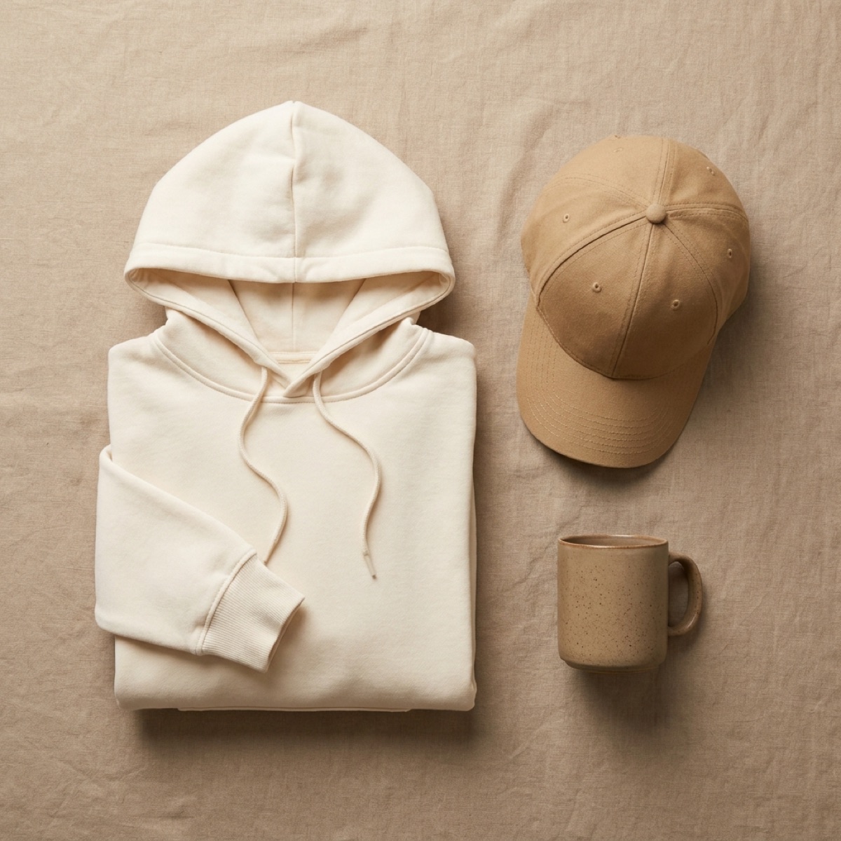 Folded hoodie, cap and mug flatlay
