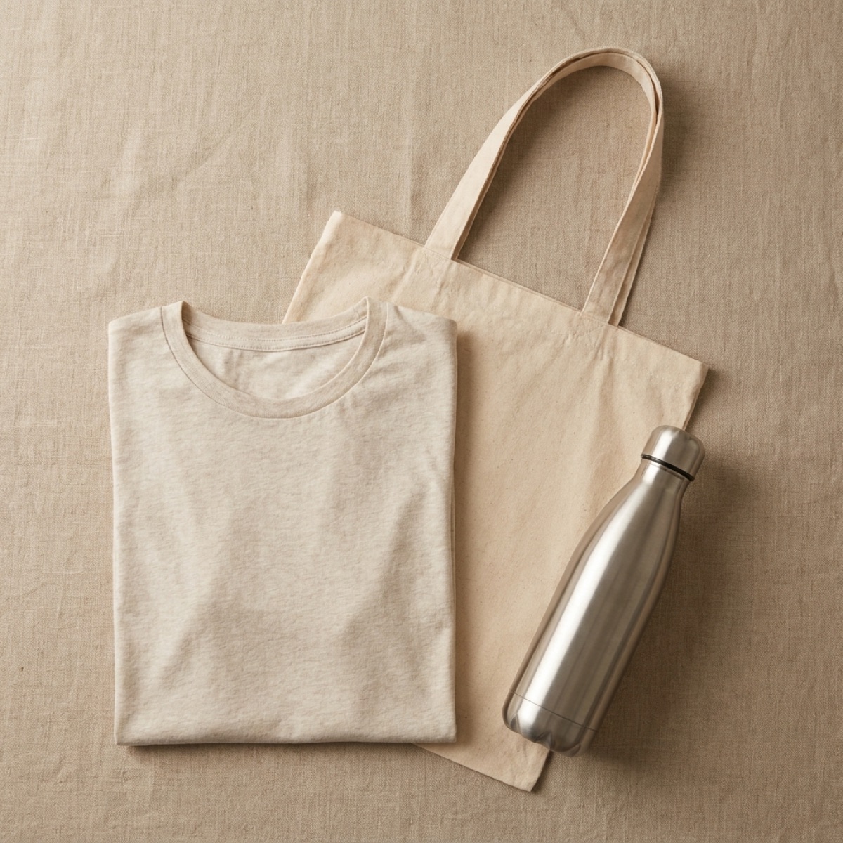 T-shirt, tote bag and water bottle flatlay