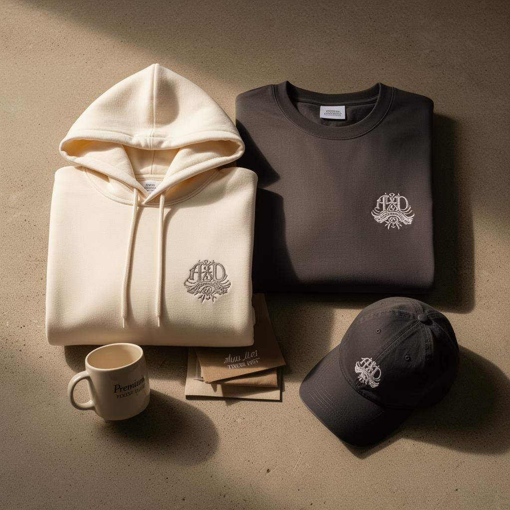 Embroidered hoodie, tee, cap and mug