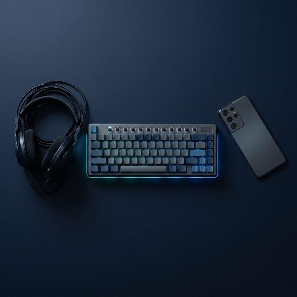 Mini PC, wireless mouse and portable monitor flatlay