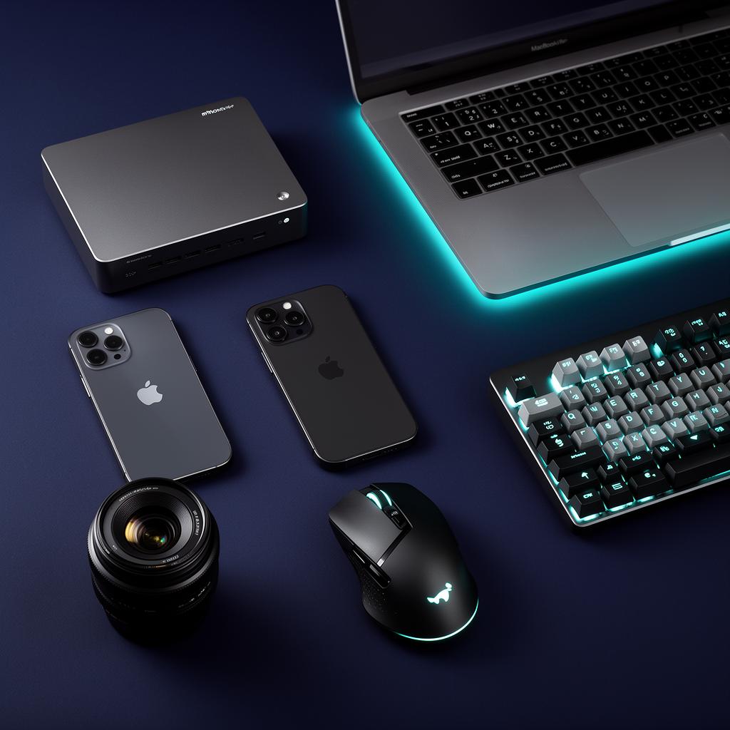 Mini PC, MacBook, iPhones, camera lens and gaming peripherals
