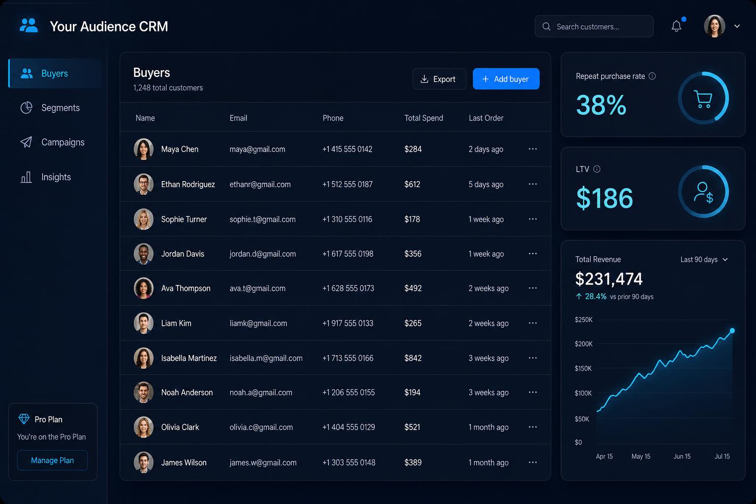 Audience CRM dashboard showing buyer emails and AI insights
