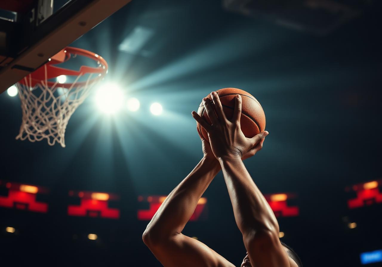 Basketball player rising for a dunk