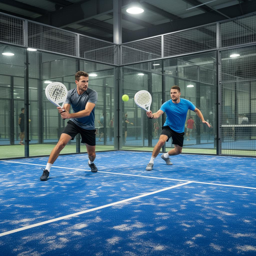 Padel player on a glass-walled court