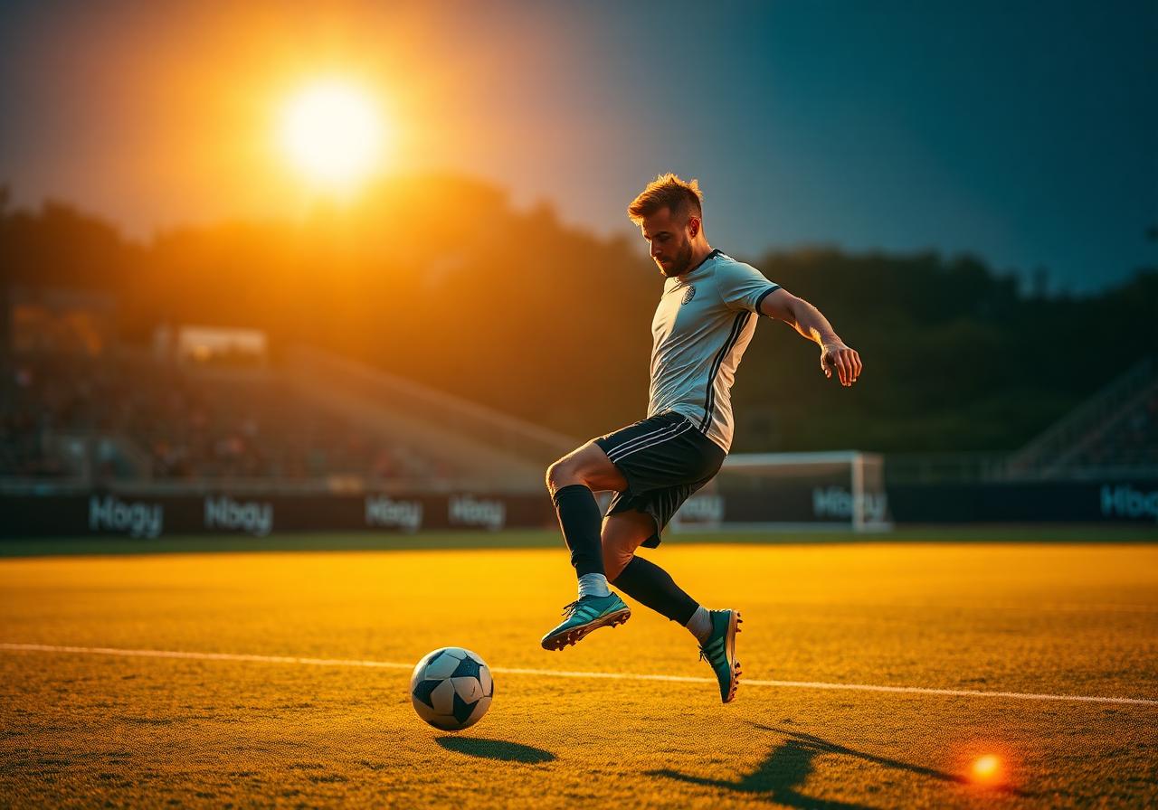Soccer player striking the ball at golden hour